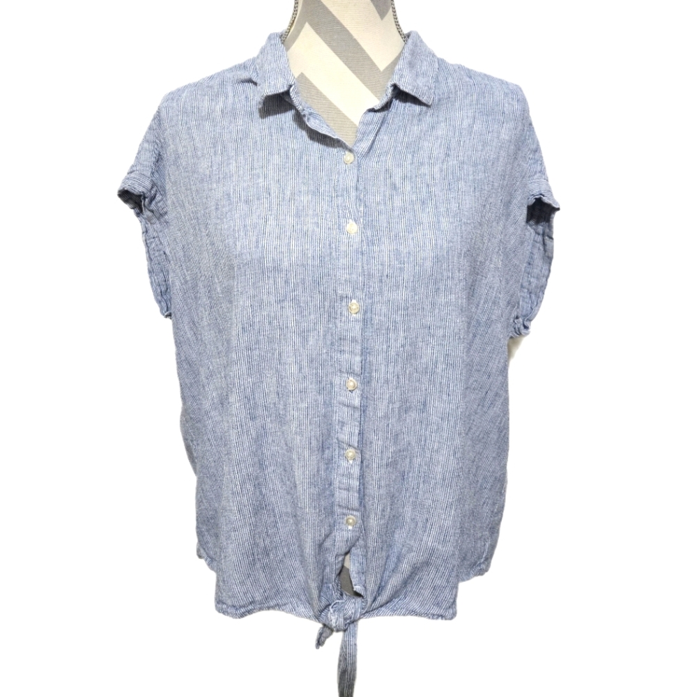Weatherproof Vintage Linen Blend Top Blue White Stripe Button Up Tie Front Large